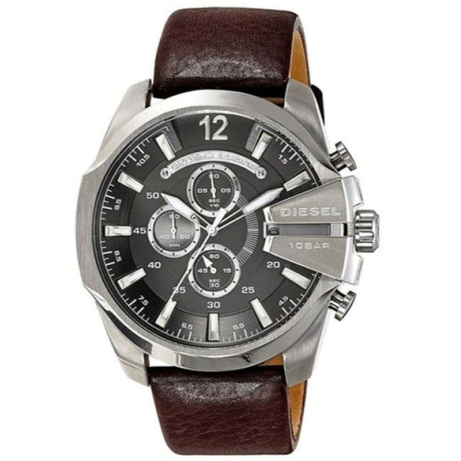 Diesel Mega Chief Chronograph Black Dial Brown Leather Strap Watch For Men - DZ4290