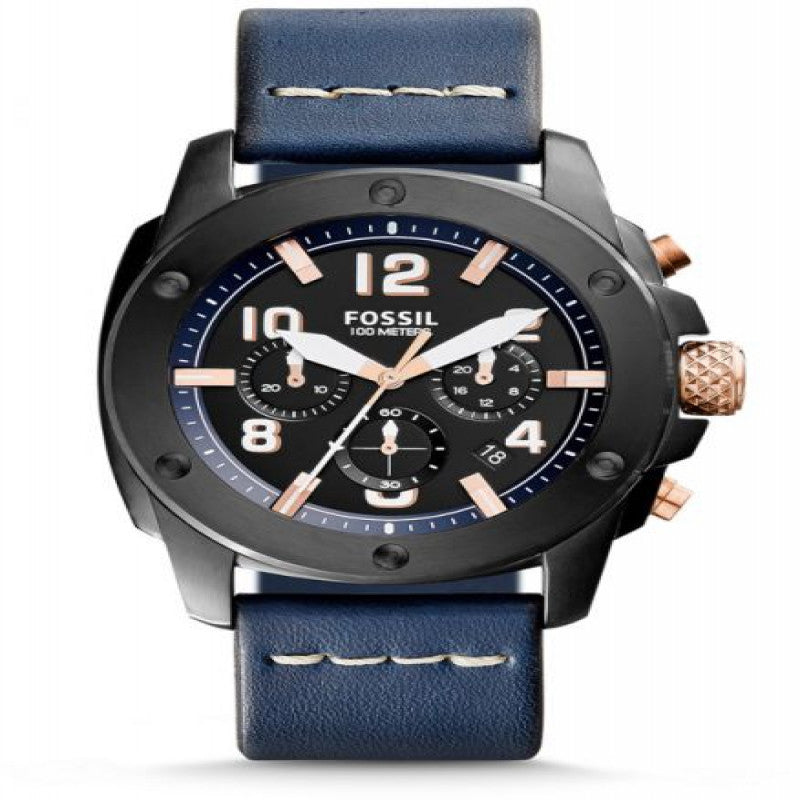 Fossil Modern Machine Chronograph Black Dial Blue Leather Strap Watch for Men - FS5066