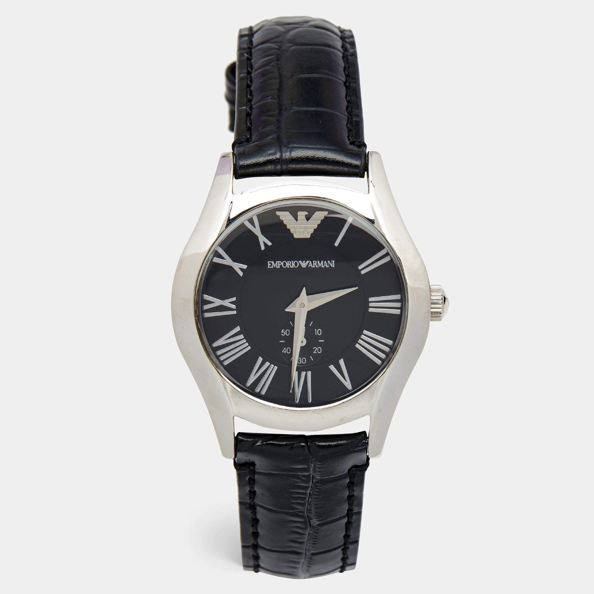 Emporio Armani Velente Black Dial Black Leather Strap Watch For Women - AR0644