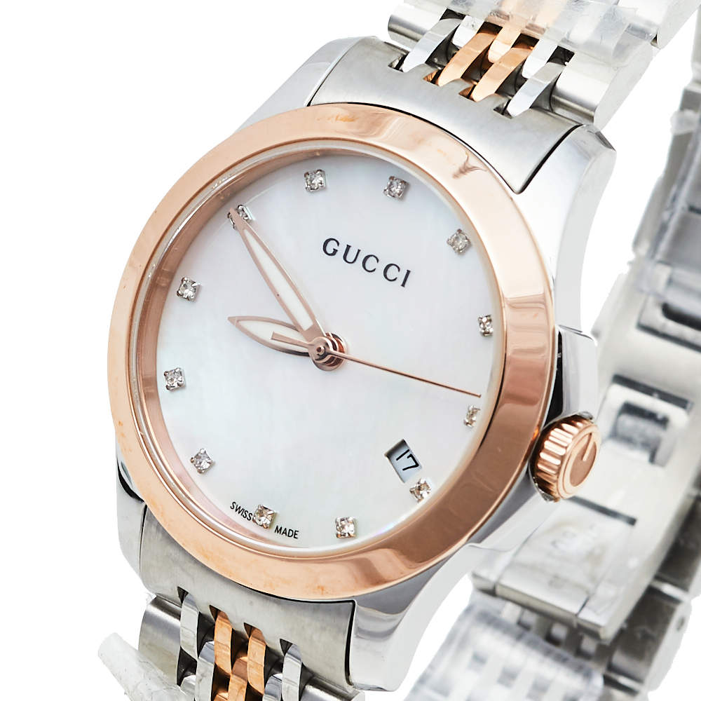 Gucci G Timeless Diamonds Mother of Pearl Dial Two Tone Mesh Bracelet Watch For Women - YA126514