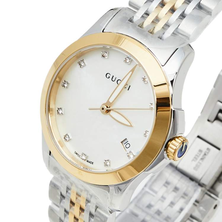 Gucci G Timeless Diamonds Mother of Pearl Dial Two Tone Mesh Bracelet Watch for Women - YA126513