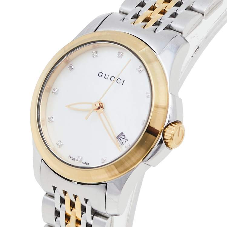 Gucci G Timeless Diamonds Mother of Pearl Dial Two Tone Mesh Bracelet Watch for Women - YA126513