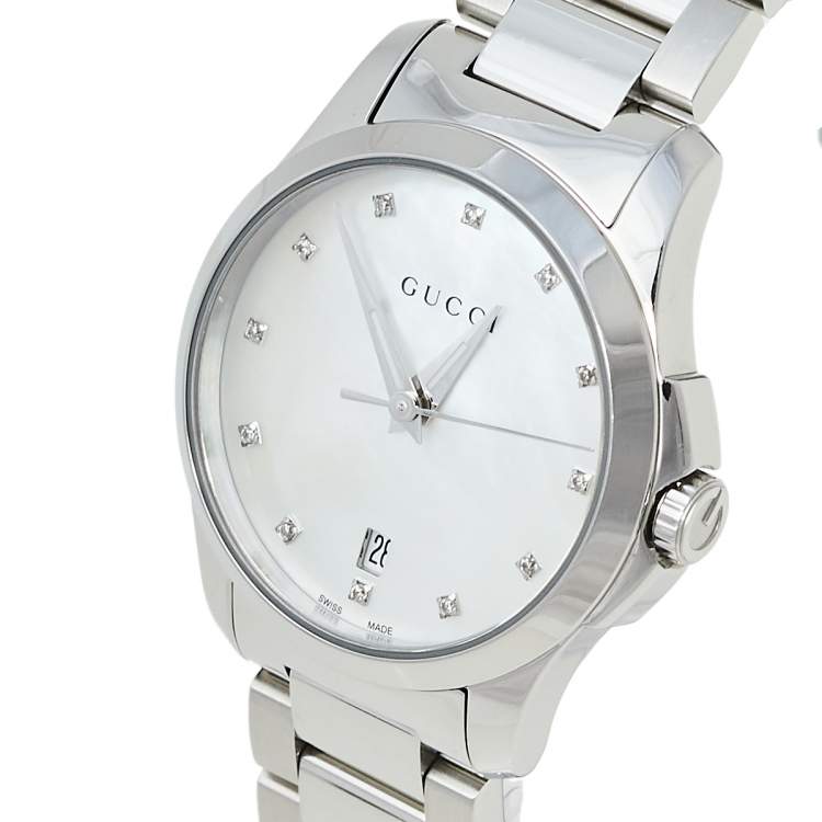 Gucci G Timeless Diamonds Mother of Pearl Dial Silver Steel Strap Watch For Women - YA126542