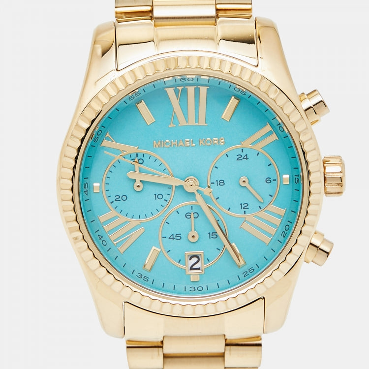 Michael Kors Lexington Chronograph Blue Dial Gold Steel Strap Watch For Women - MK7216