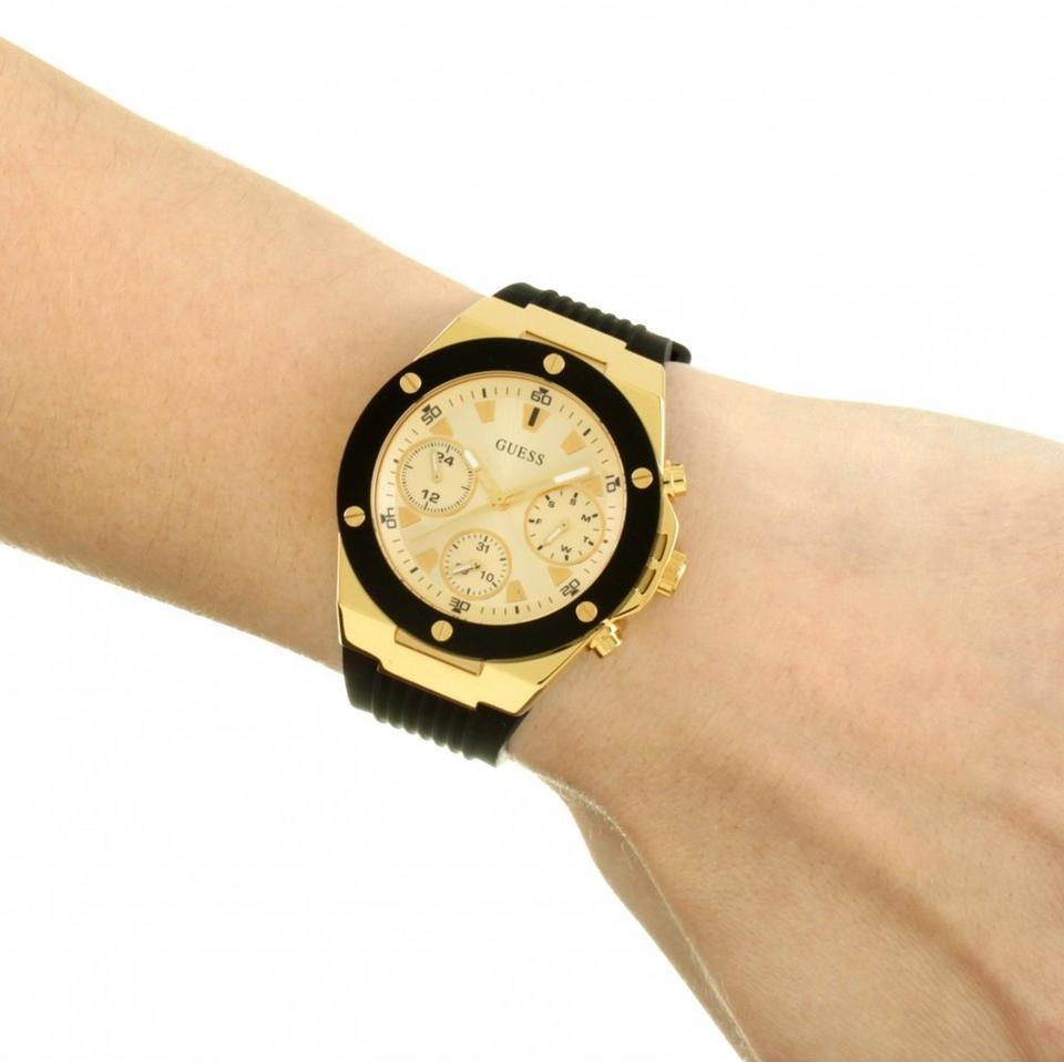 Guess Athena Gold Dial Black Rubber Strap Watch For Women - GW0030L2