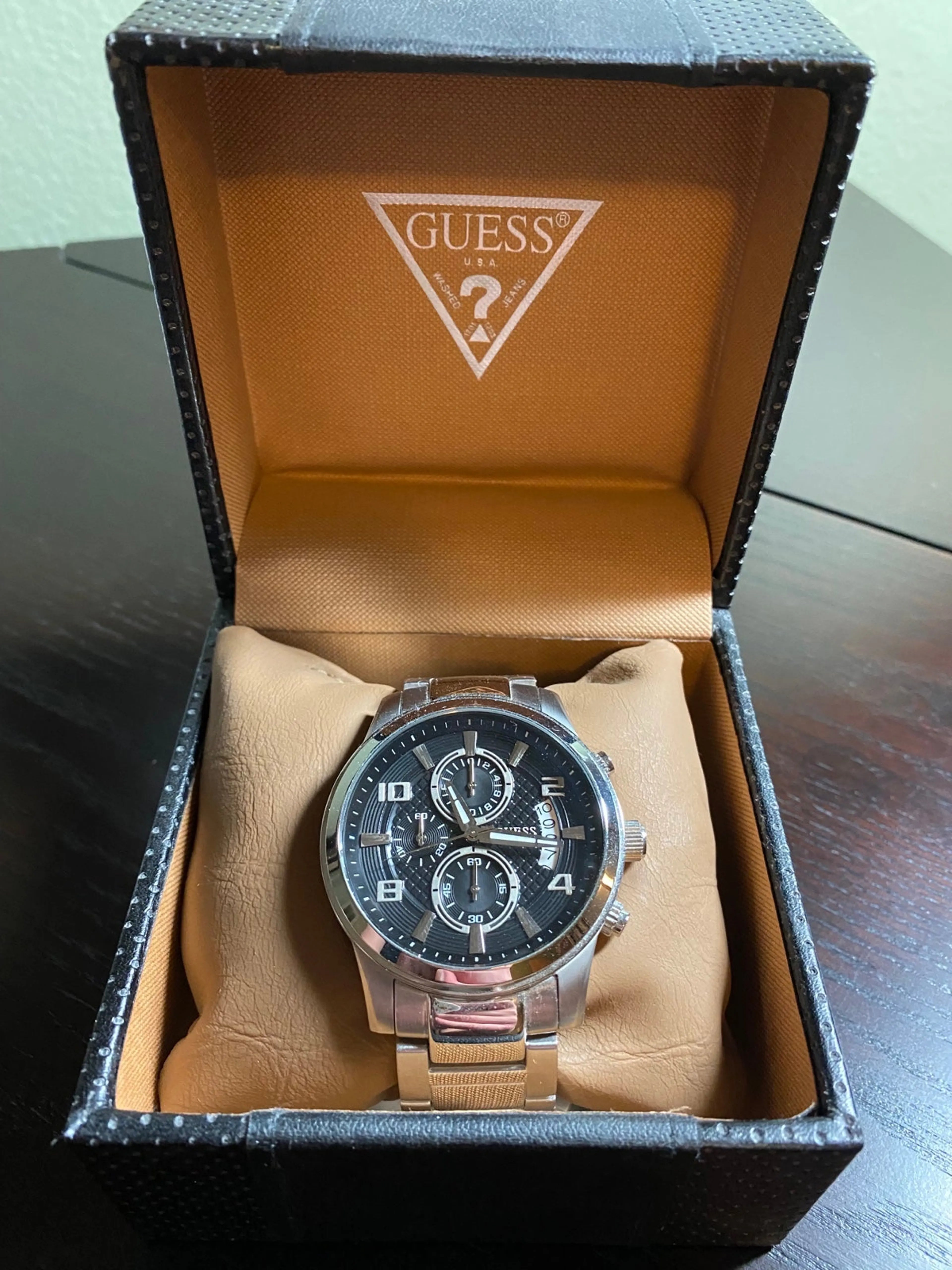 Guess Exec Chronograph Quartz Black Dial Silver Steel Strap Watch For Men - W0075G1