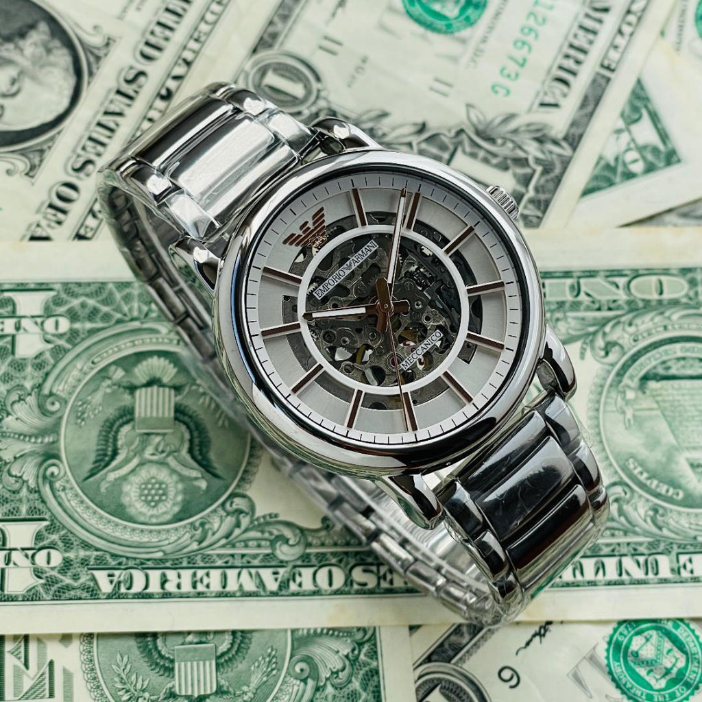 Emporio Armani Meccanico Automatic Silver Dial Silver Steel Strap Watch for Men - AR60006