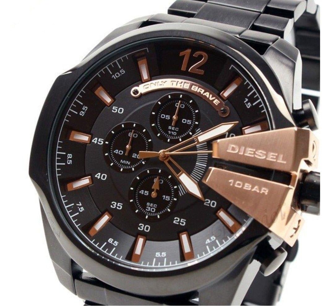 Diesel Mega Chief Chronograph Black Dial Black Steel Strap Watch For Men - DZ4309