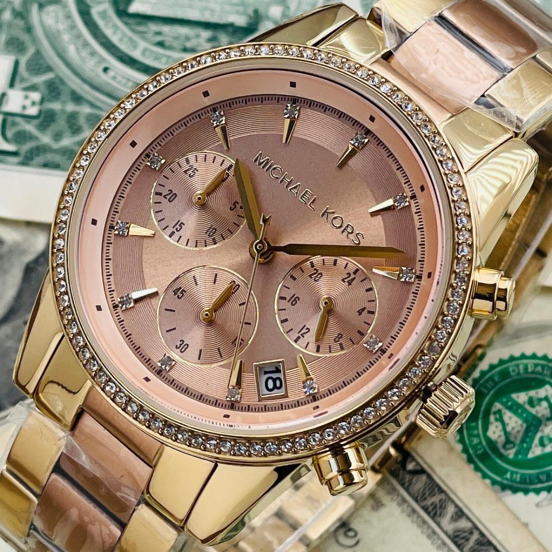 Michael Kors Ritz Chronograph Rose Dial Two Tone Steel Strap Watch for Women - MK6475
