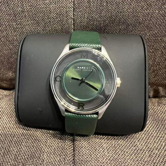 Marc Jacobs Tether Transparent Green Dial Green Leather Strap Watch for Women - MBM1378