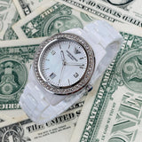 Emporio Armani Ceramica White Mother of Pearl Dial Stainless Steel Strap Watch For Women - AR1426