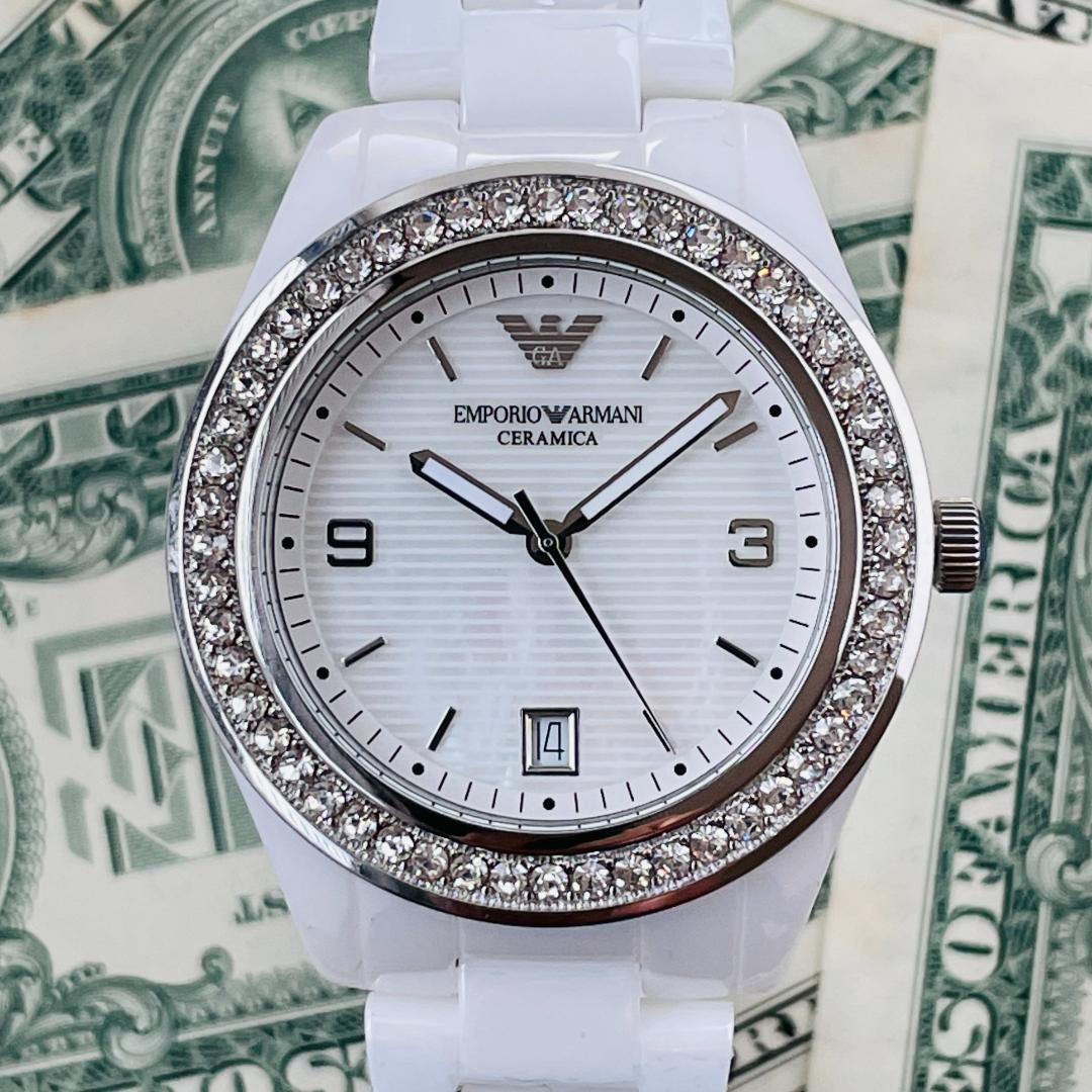 Emporio Armani Ceramica White Mother of Pearl Dial Stainless Steel Strap Watch For Women - AR1426