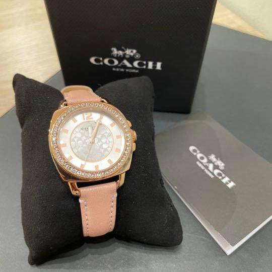 Coach Boyfriend Mother of Pearl White Dial Pink Leather Strap Watch for Women - 14503151