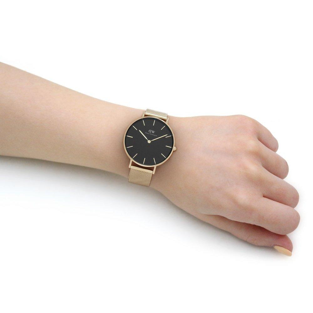 Daniel Wellington Petite Evergold Black Dial Gold Mesh Strap Watch For Women - DW00100345