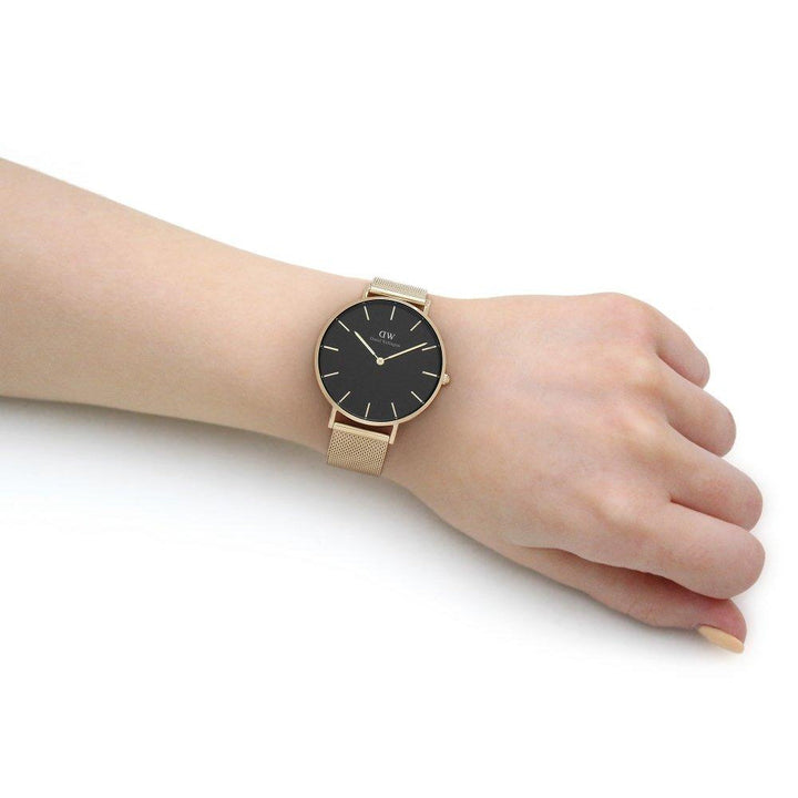 Daniel Wellington Petite Evergold Black Dial Gold Mesh Strap Watch For Women - DW00100345