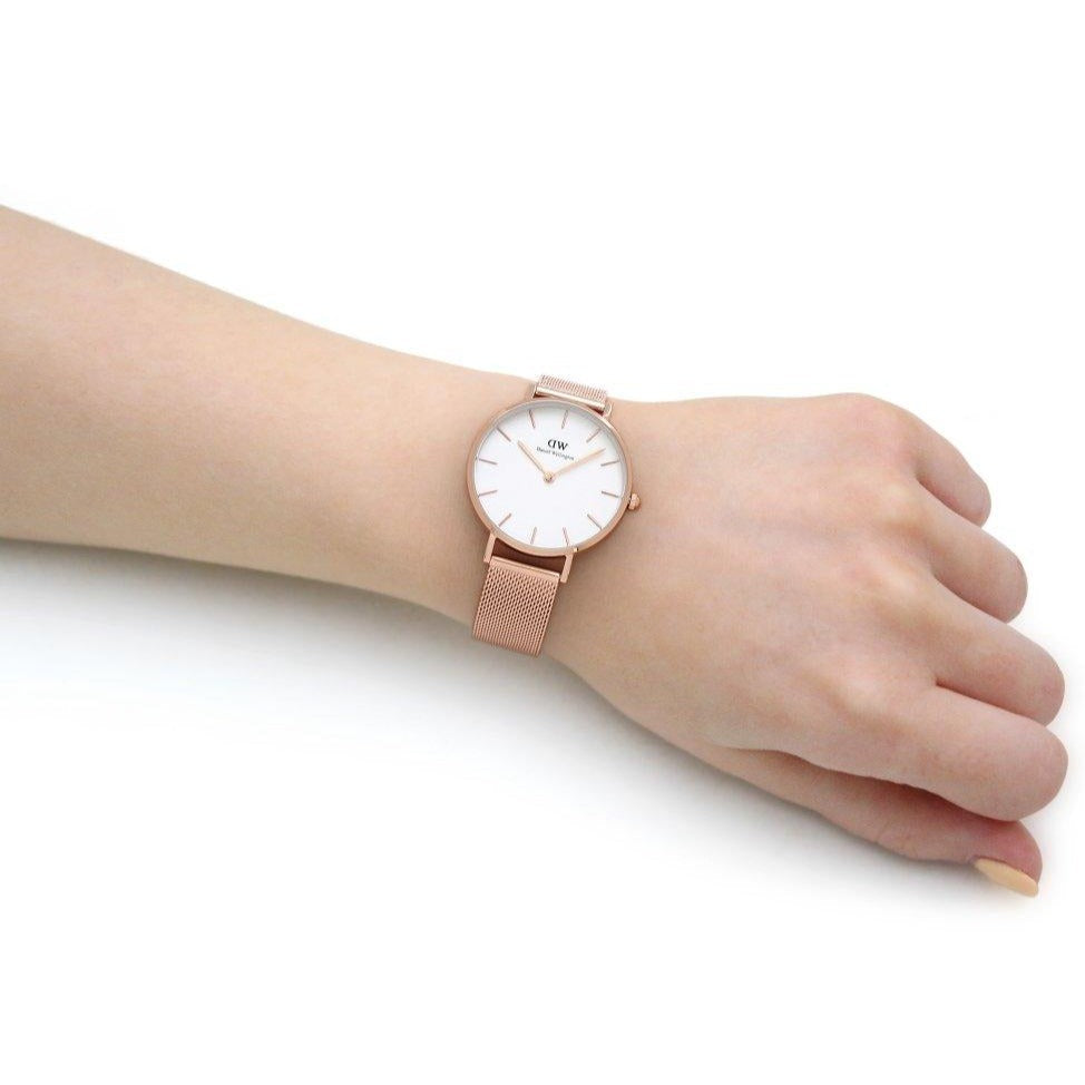 Daniel Wellington Classic Petite Melrose White Dial Rose Gold Mesh Bracelet Watch For Women - DW00100163