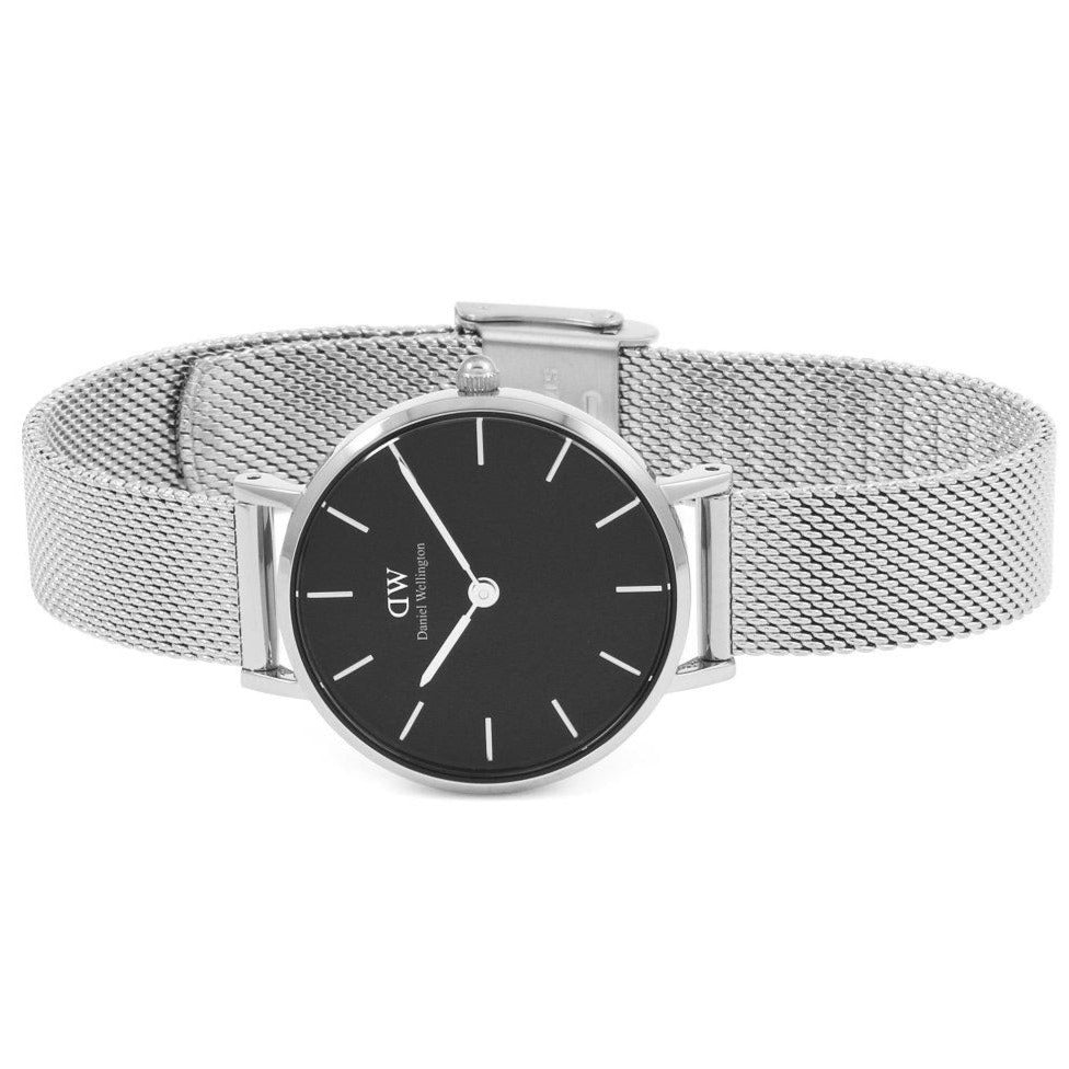 Daniel Wellington Petite Sterling Black Dial Silver Mesh Bracelet Watch For Women - DW00100218