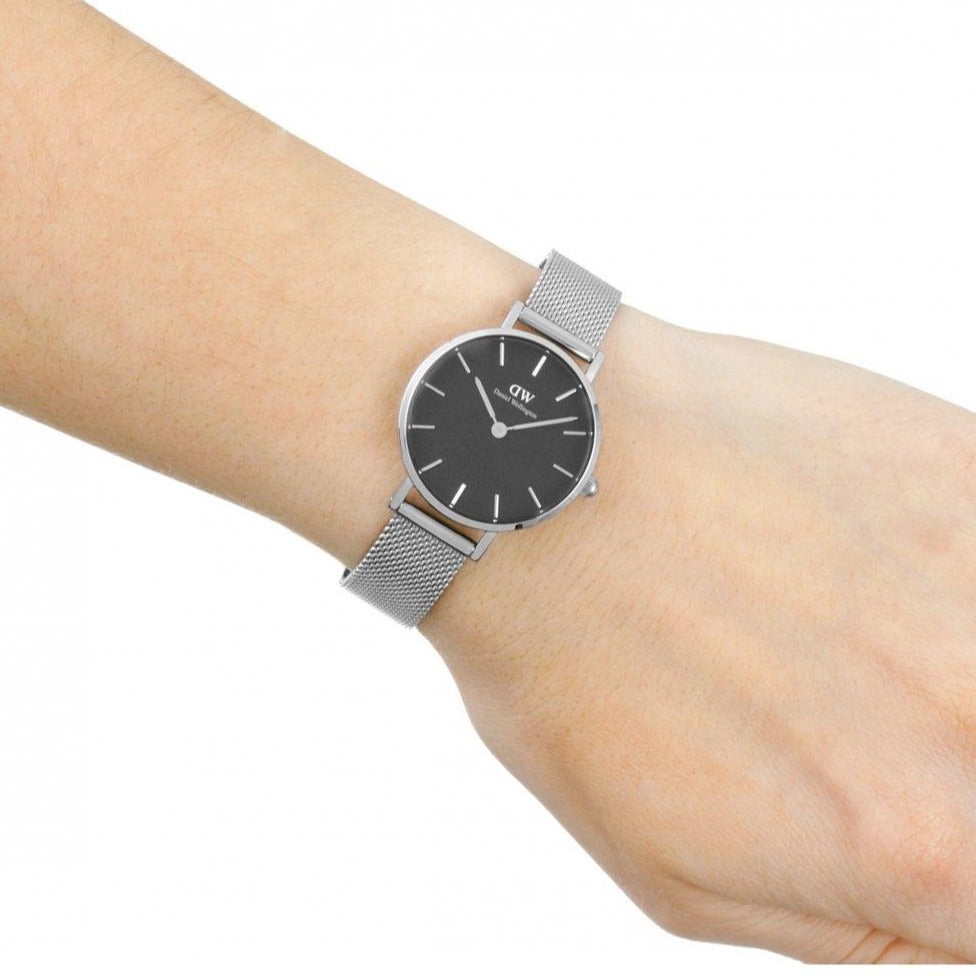 Daniel Wellington Petite Sterling Black Dial Silver Mesh Bracelet Watch For Women - DW00100218