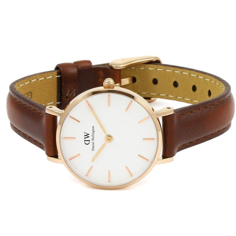 Daniel Wellington Classic Petite St Mawes White Dial Brown Leather Strap Watch For Women - DW00100231