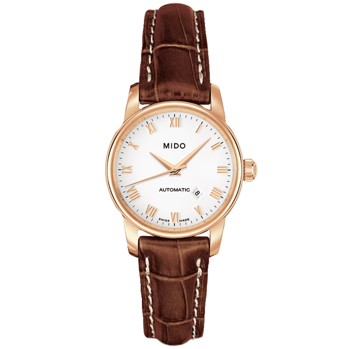 Mido Baroncelli III Automatic White Dial Brown Leather Strap Watch For Women - M7600.3.26.8