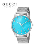 Gucci G-Timeless Turquoise Mother of Pearl Dial Silver Mesh Bracelet Watch For Women - YA126582