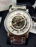 Emporio Armani Meccanico Skeleton Silver Dial Silver Steel Strap Watch For Men - AR1980