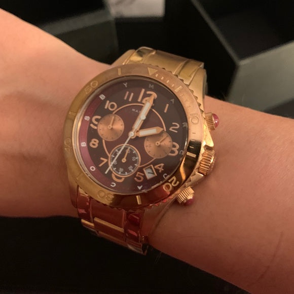 Marc Jacobs Rock Chronograph Mother of Pearl Red Dial Rose Gold Steel Strap Unisex Watch - MBM3251