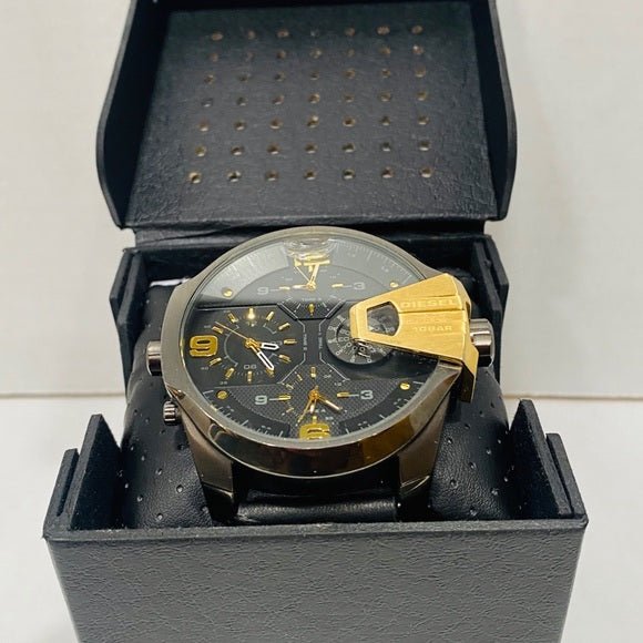 Diesel Uber Chief Two Hand Black Dial Black Leather Strap Watch For Men - DZ7377