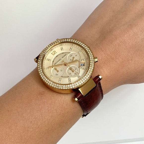 Michael Kors Parker Champagne Gold Dial Brown Leather Strap Watch for Women - MK2249