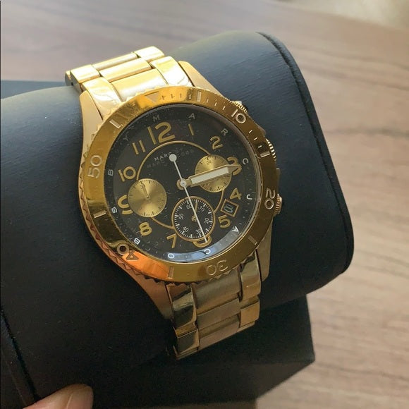 Marc Jacobs Rock Chronograph Black Dial Gold Steel Strap Watch for Women - MBM3253