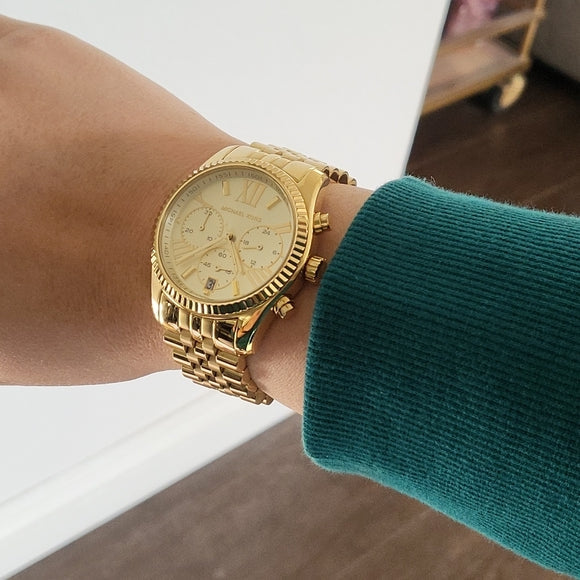 Michael Kors Lexington Chronograph Gold Dial Gold Steel Strap Watch for Women - MK5556