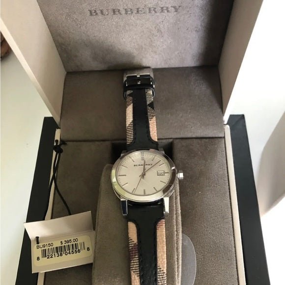 Burberry The City White Dial Black Haymarket Leather Strap Watch for Women - BU9150