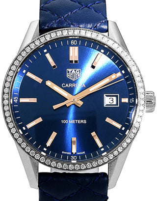 Tag Heuer Carrera Quartz Diamonds Blue Dial Blue Leather Strap Watch for Women - WAR1114.FC6391