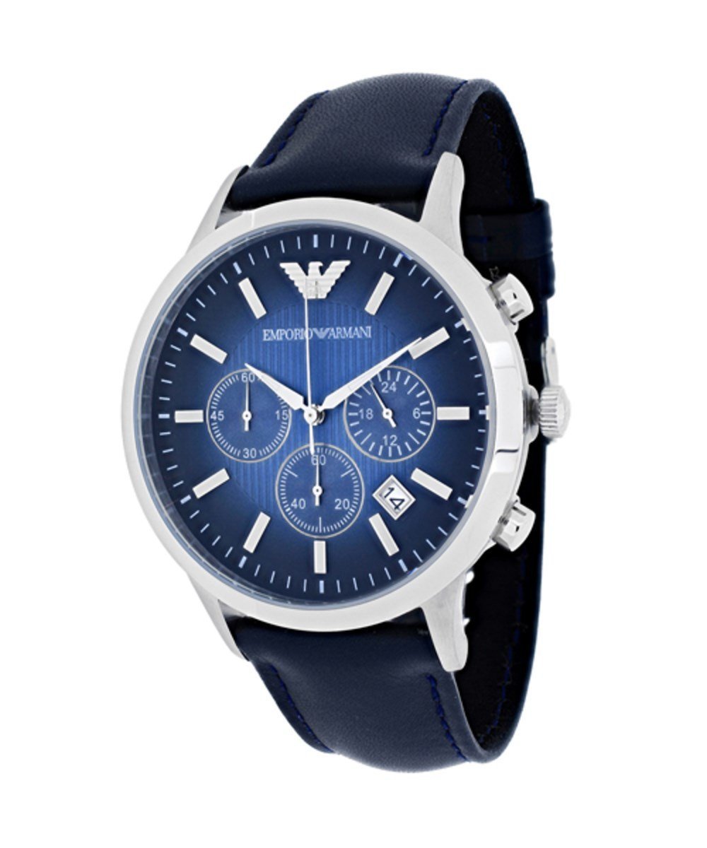 Emporio Armani Classic Chronograph Blue Dial Blue Leather Strap Watch For Men - AR2473