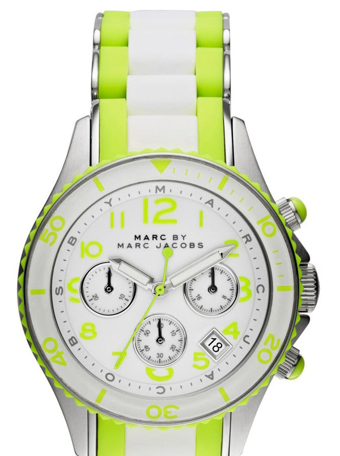 Marc Jacobs Rock Chronograph White Dial White & Green Silicone Strap Watch for Women - MBM2592