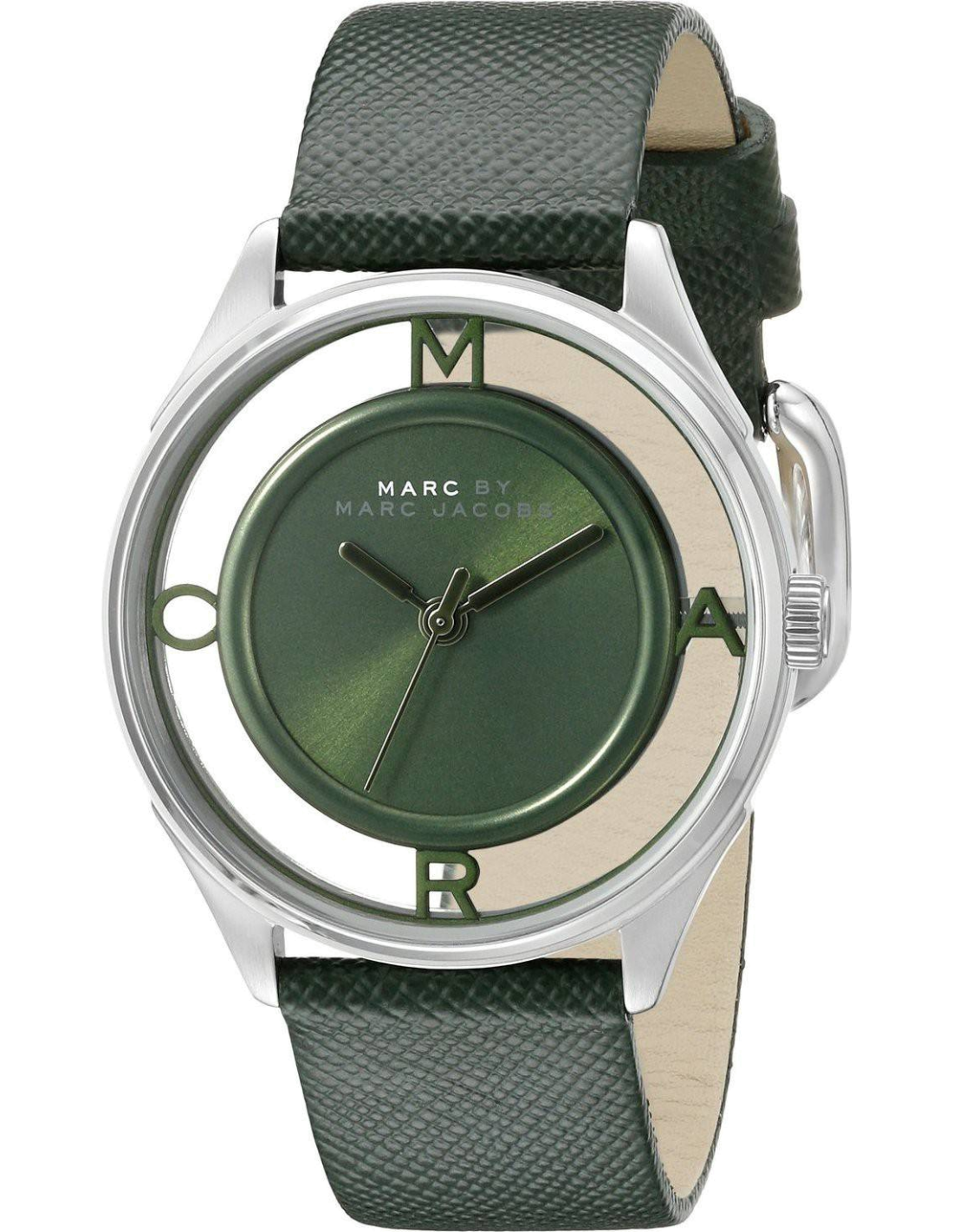 Marc Jacobs Tether Transparent Green Dial Green Leather Strap Watch for Women - MBM1378