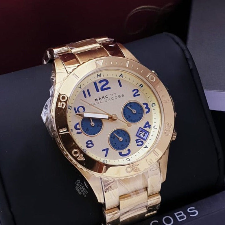 Marc Jacobs Rock Metal Chronograph Gold Dial Gold Steel Strap Watch for Men - MBM3158