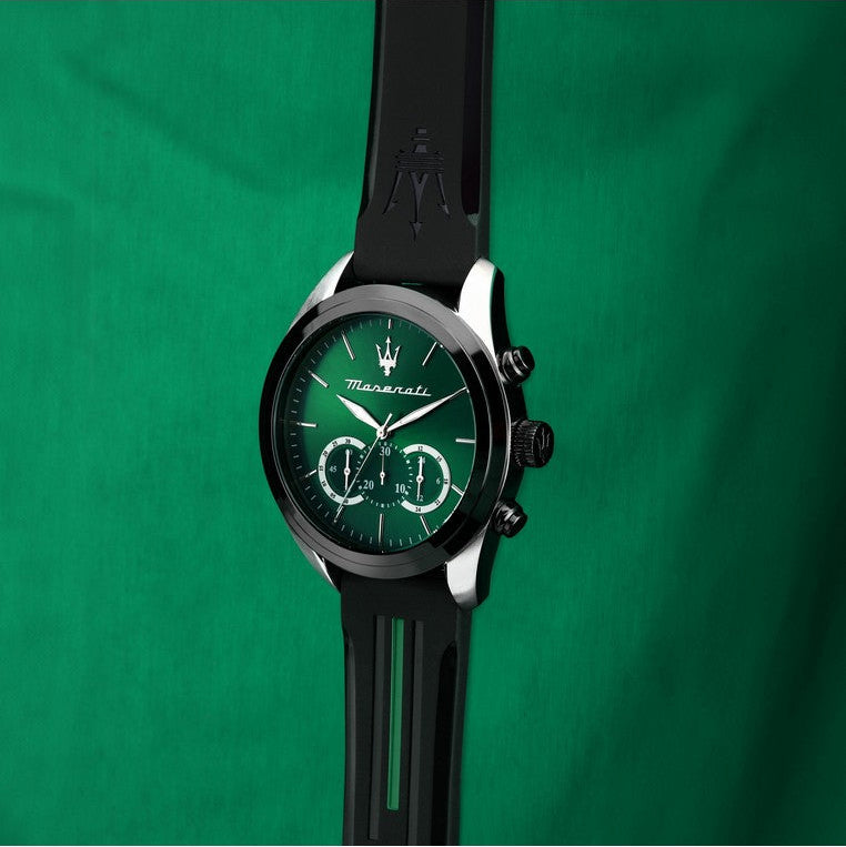 Maserati Traguardo Chronograph Green Dial Black Silicone Strap Watch For Men - R8871612043