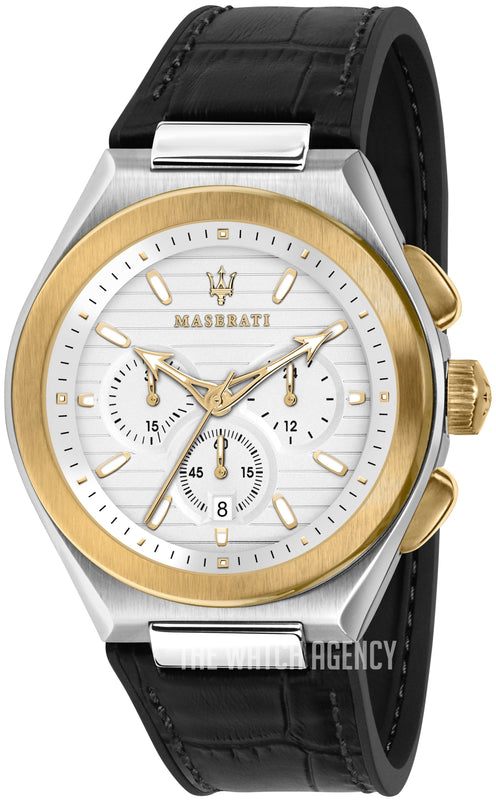 Maserati Triconic Chronograph White Dial Black Leather Strap Watch For Men - R8871639004