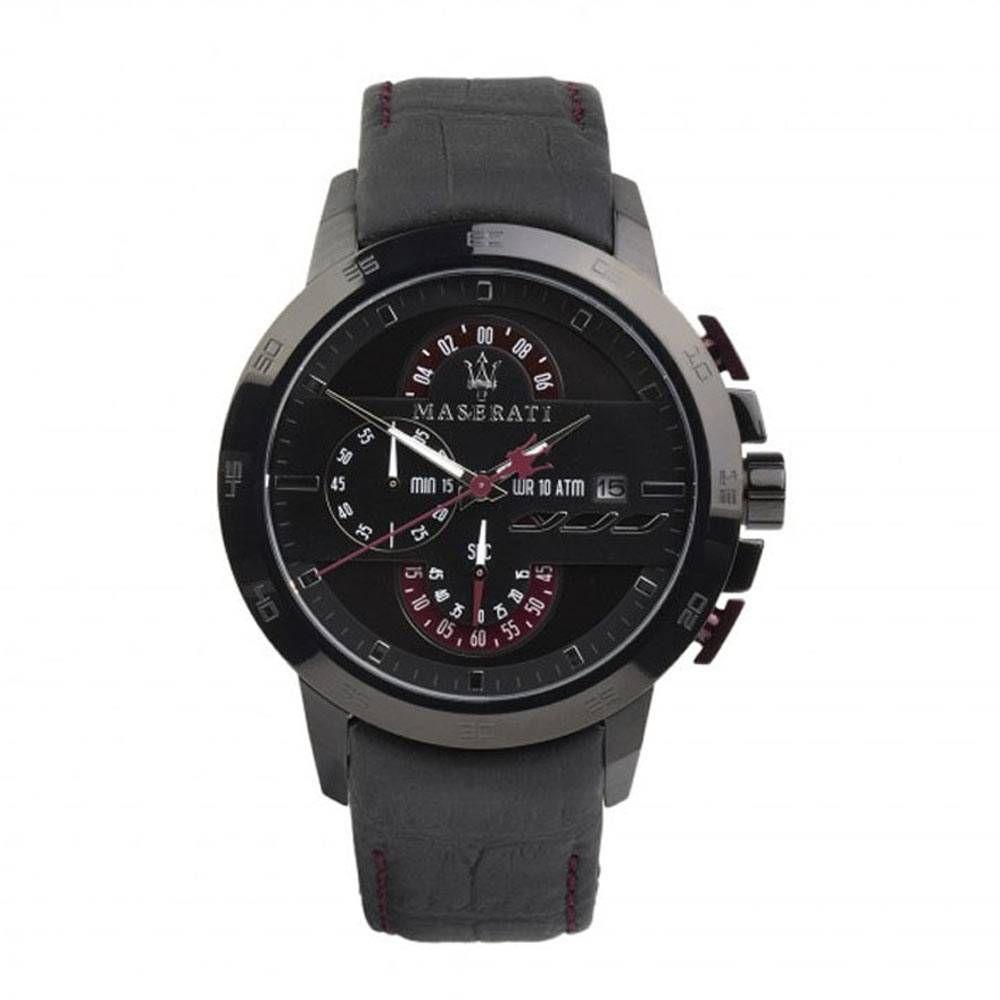 Maserati Ingegno Chronograph Black Dial Black Leather Strap Watch For Men - R8871619003