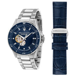 Maserati SFIDA Automatic Skeleton Blue Dial Silver Steel Strap Watch For Men - R8823140007