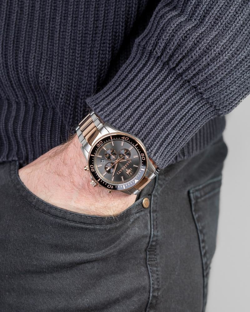 Maserati SFIDA Chronograph Black Dial Two Tone Steel Strap Watch For Men - R8873640002