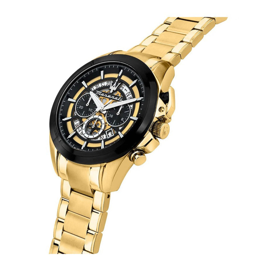 Maserati Traguardo Skeleton Black Dial Gold Steel Strap Watch For Men - R8873612058