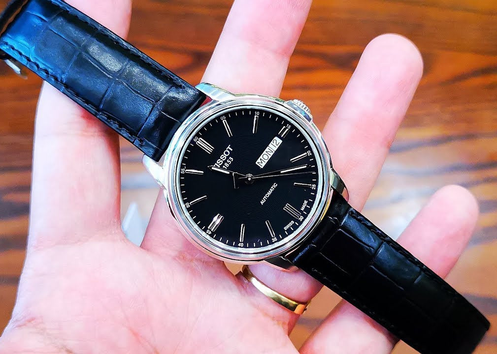 Tissot Automatics III Day Date Black Dial Black Leather Strap Watch For Men - T065.430.16.051.00