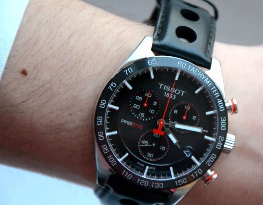 Tissot PRS 516 Chronograph Black Dial Black Leather Strap Watch For Men - T100.417.16.051.00