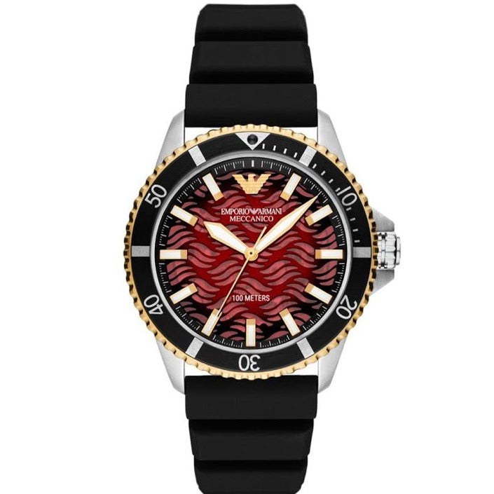 Emporio Armani Meccanico Automatic Red Dial Black Silicon Strap Watch For Men - AR60070
