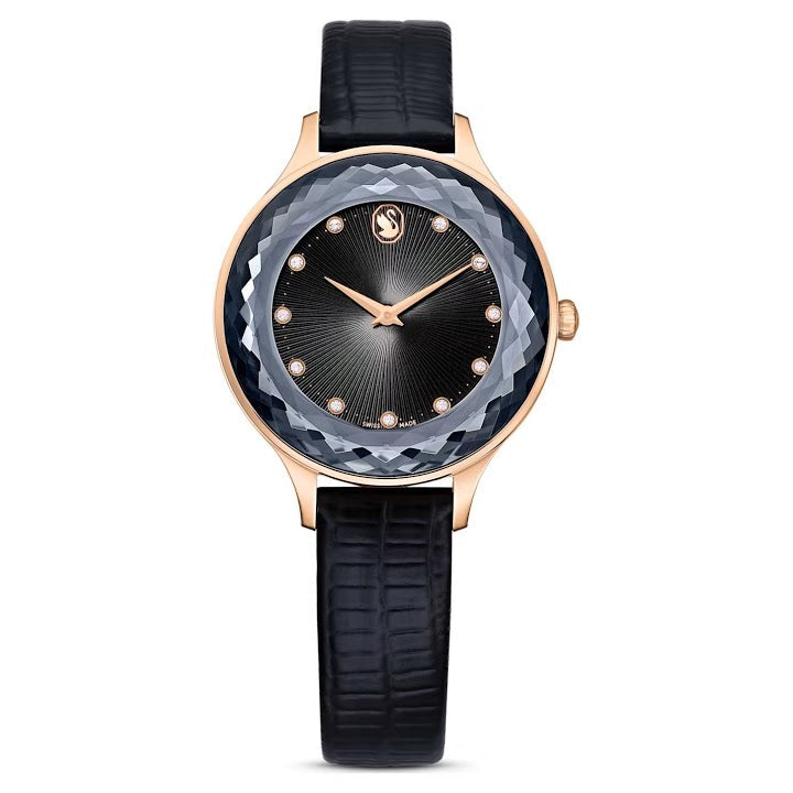Swarovski Octea Nova Black Dial Black Leather Strap Watch for Women - 5650033