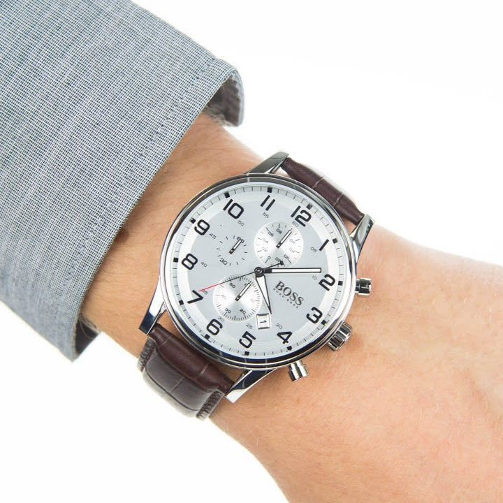 Hugo Boss Aeroliner Chronoraph White Dial Brown Leather Strap Watch For Men - 1512447