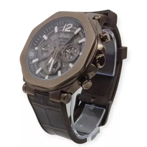 Guess Edge Chronograph Brown Dial Brown Leather Strap Watch For Men - GW0492G2