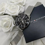 Tommy Hilfiger Jordan Chronograph Black Dial Silver Mesh Strap Watch For Men - 1792092